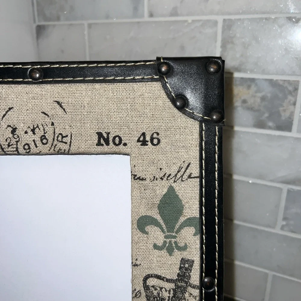 VINTAGE STYLE BROWN FAUX LEATHER FRAME W/ NAILHEAD TRIM & STAMPED CANVAS MAT 5X7